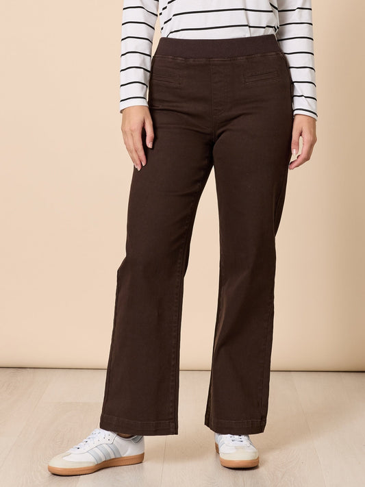 Image of Jeans. Product name - Maddy Pull on Wide Leg Jean Chocolate in Chocolate colour by brand - Threadz