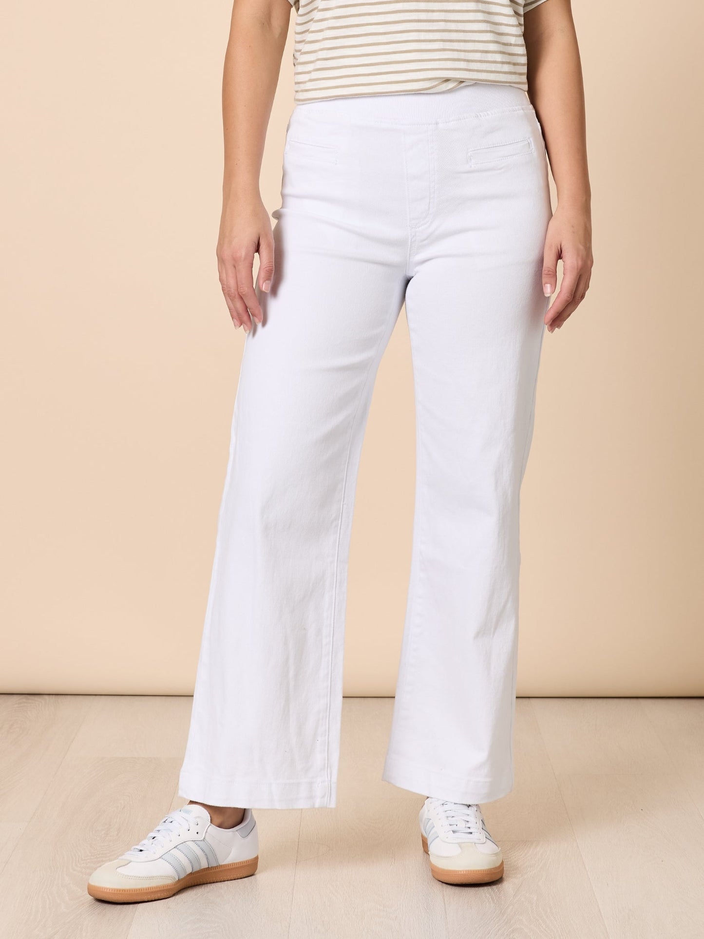 Image of Jeans. Product name - Maddy Pull on Wide Leg Jean White in White colour by brand - Threadz