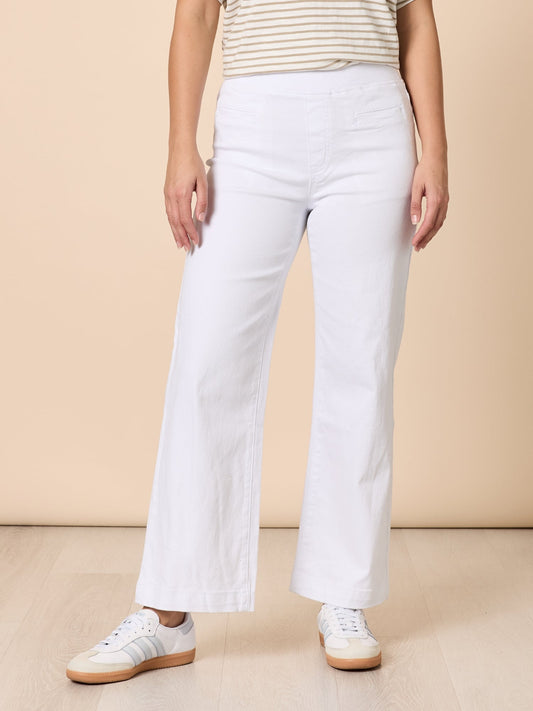 Image of Jeans. Product name - Maddy Pull on Wide Leg Jean White in White colour by brand - Threadz