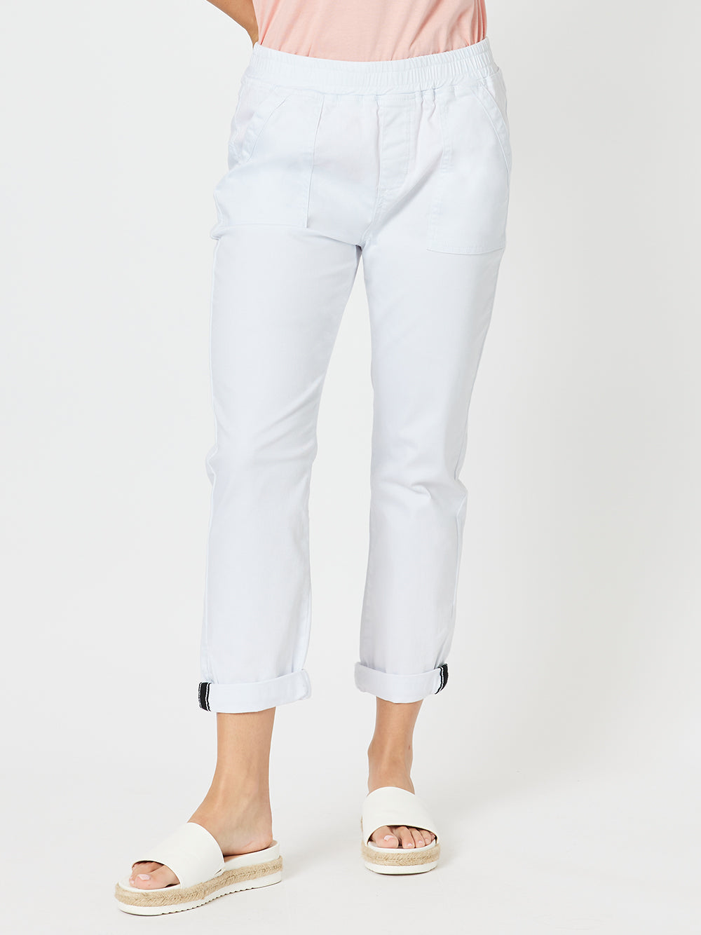 Image of a model wearing Pants. Product name - Isabella Cotton Pant White in White colour by brand - Threadz