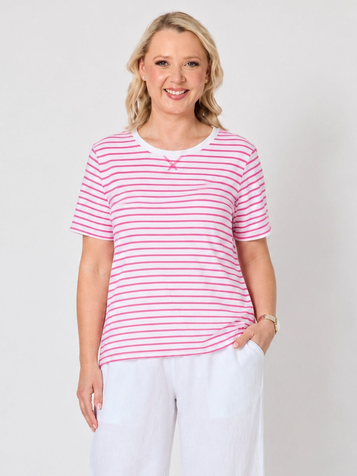 Image of T-Shirts. Product name - Classic Stripe Tee Flamingo White in Flamingo White colour by brand - Gordon Smith