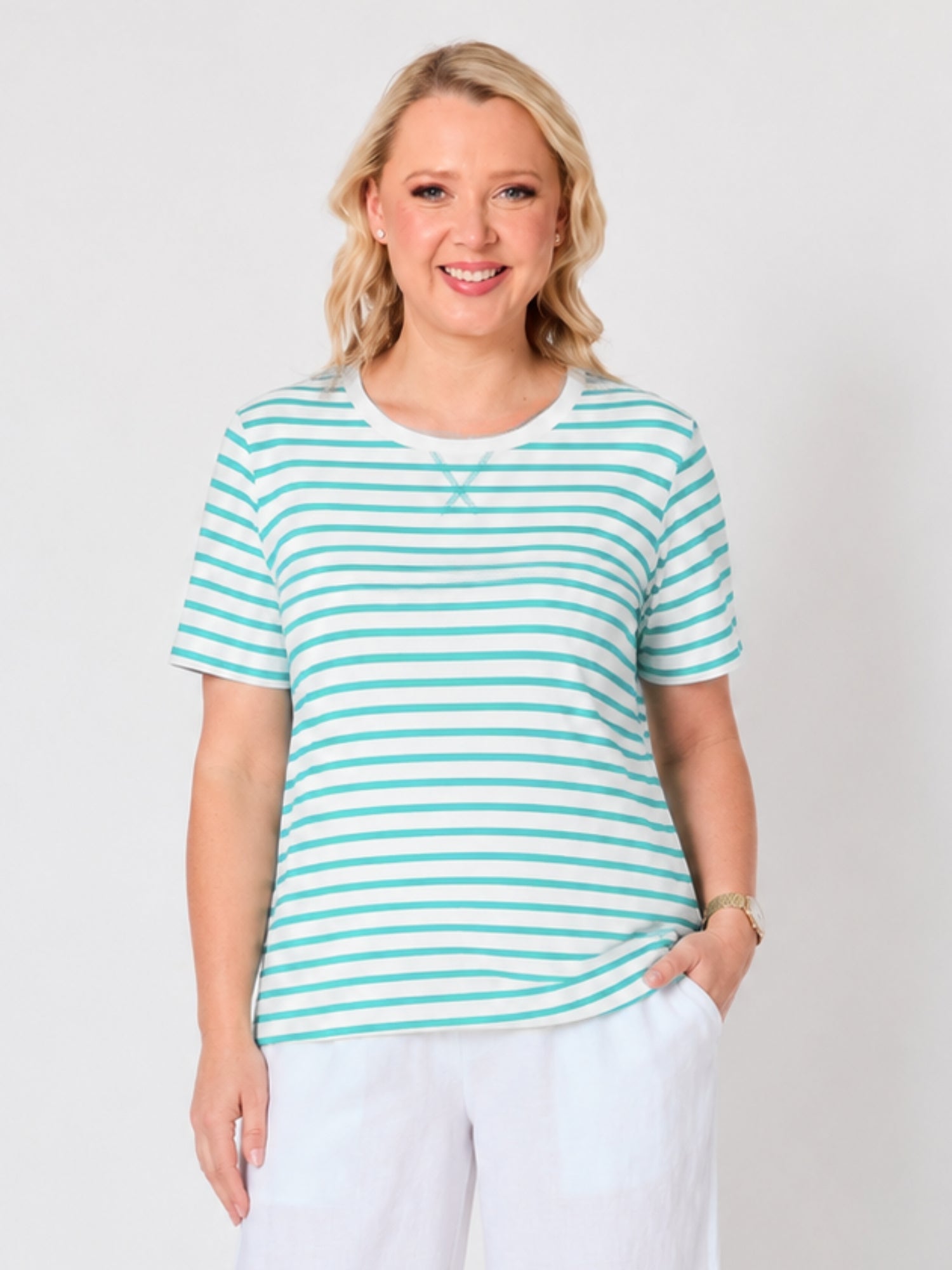 Image of T-Shirts. Product name - Classic Stripe Tee Seafoam White in Seafoam White colour by brand - Gordon Smith