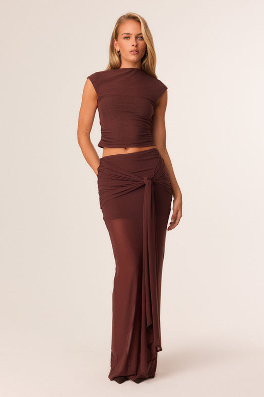 Image of a model wearing Skirts. Productname: SNDYS CHARLI MAXI SKIRT in Chocolate colour by brand - SNDYS