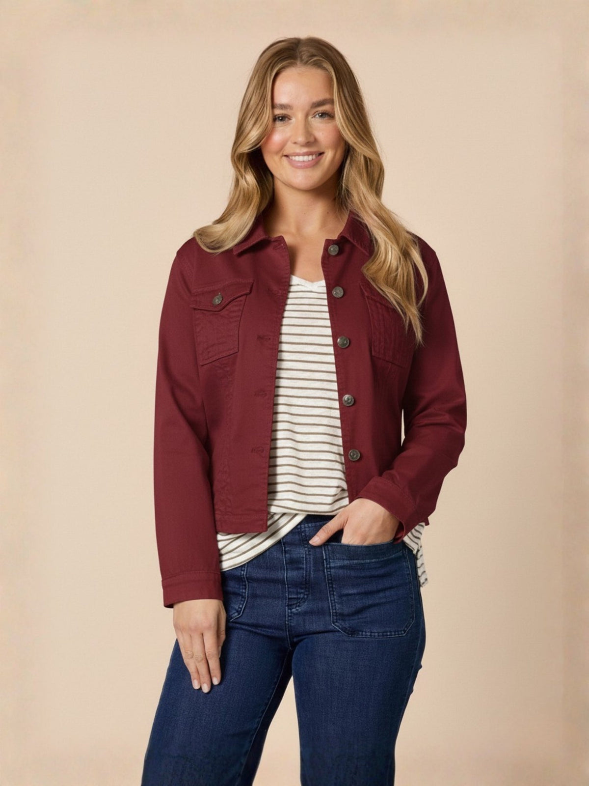 Image of Coats & Jackets. Product name - Retro Denim Jacket Shiraz in Shiraz colour by brand - Threadz