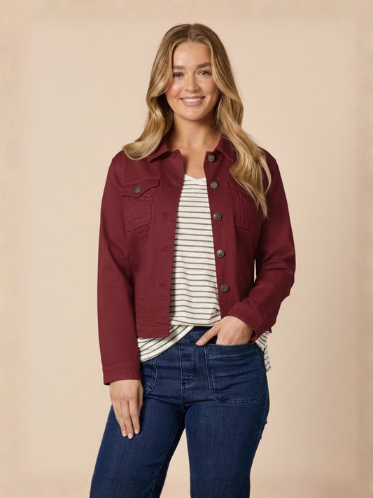Image of Coats & Jackets. Product name - Retro Denim Jacket Shiraz in Shiraz colour by brand - Threadz