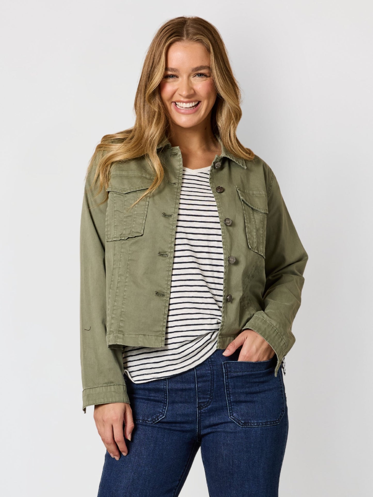 Image of Coats & Jackets. Product name - Retro Denim Jacket Washed Khaki in Washed Khaki colour by brand - Threadz