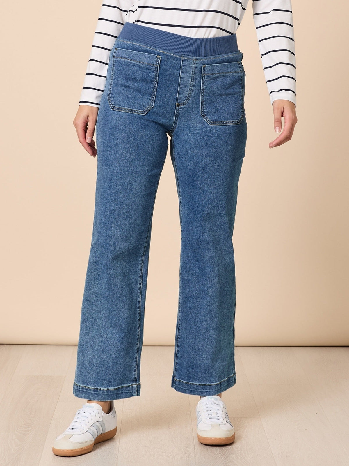 Image of Jeans. Product name - Carpenter Stretch Wide Leg Jean Washed Denim in Washed Denim colour by brand - Threadz