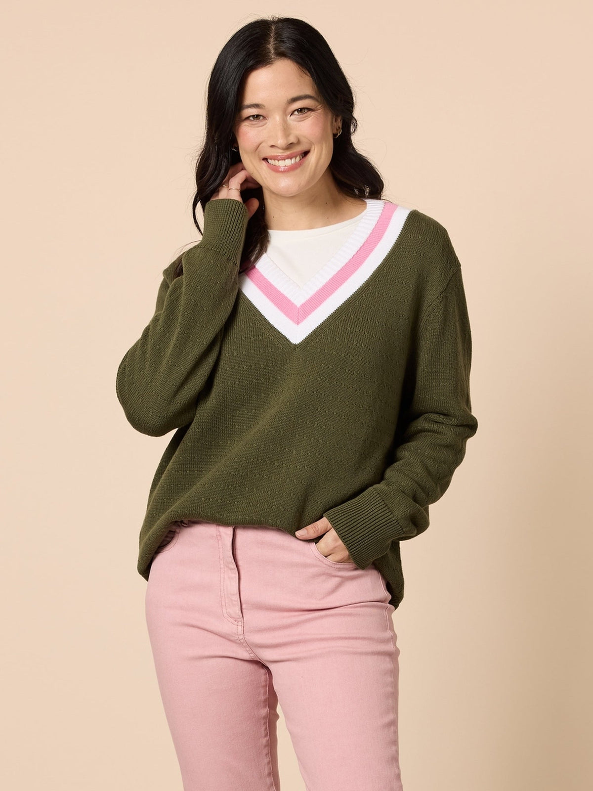 Image of a model wearing Tops. Product name - Princeton Jumper Khaki in Khaki colour by brand - Gordon Smith