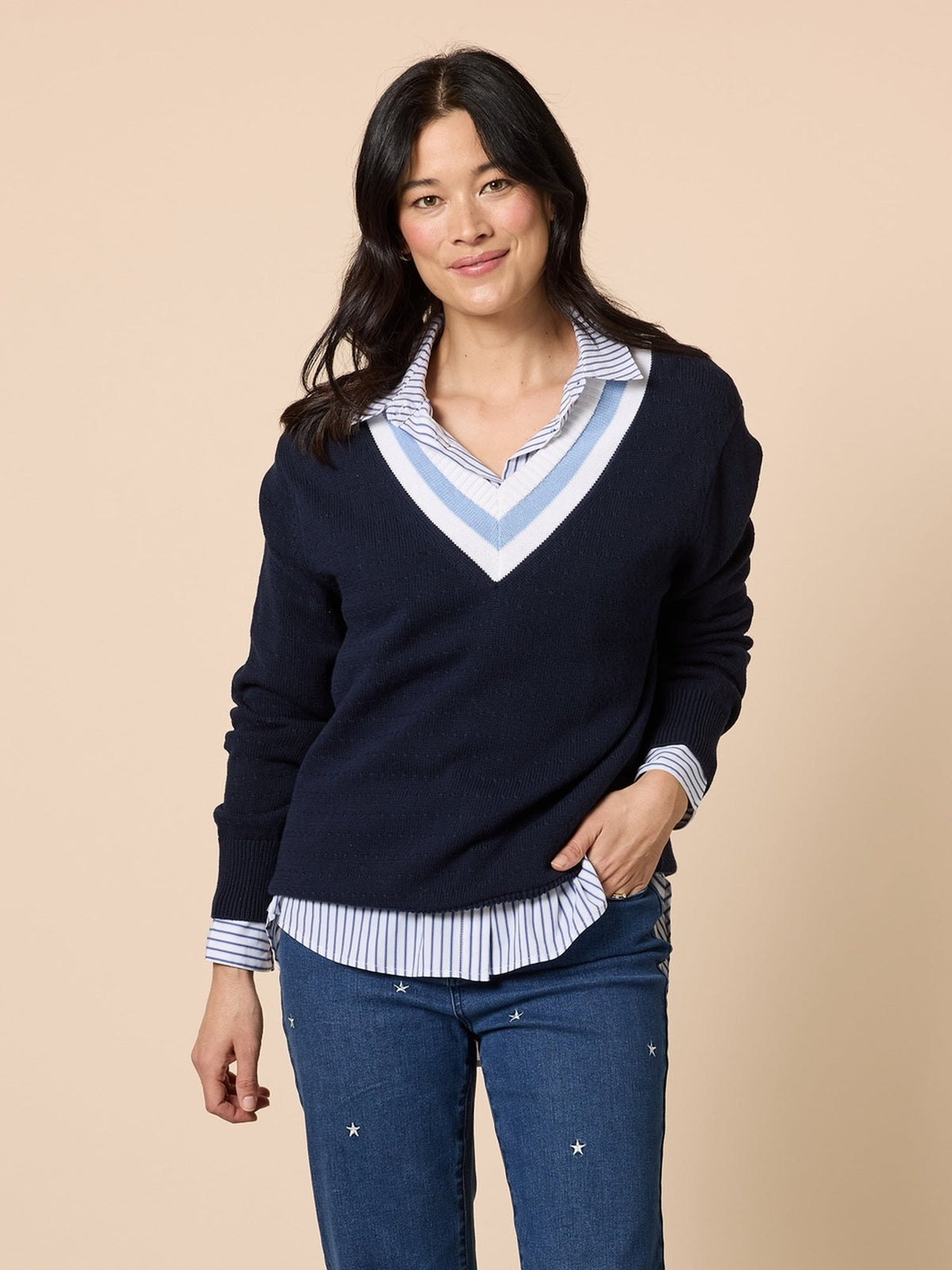 Image of a model wearing Tops. Product name - Princeton Jumper Navy in Navy colour by brand - Gordon Smith