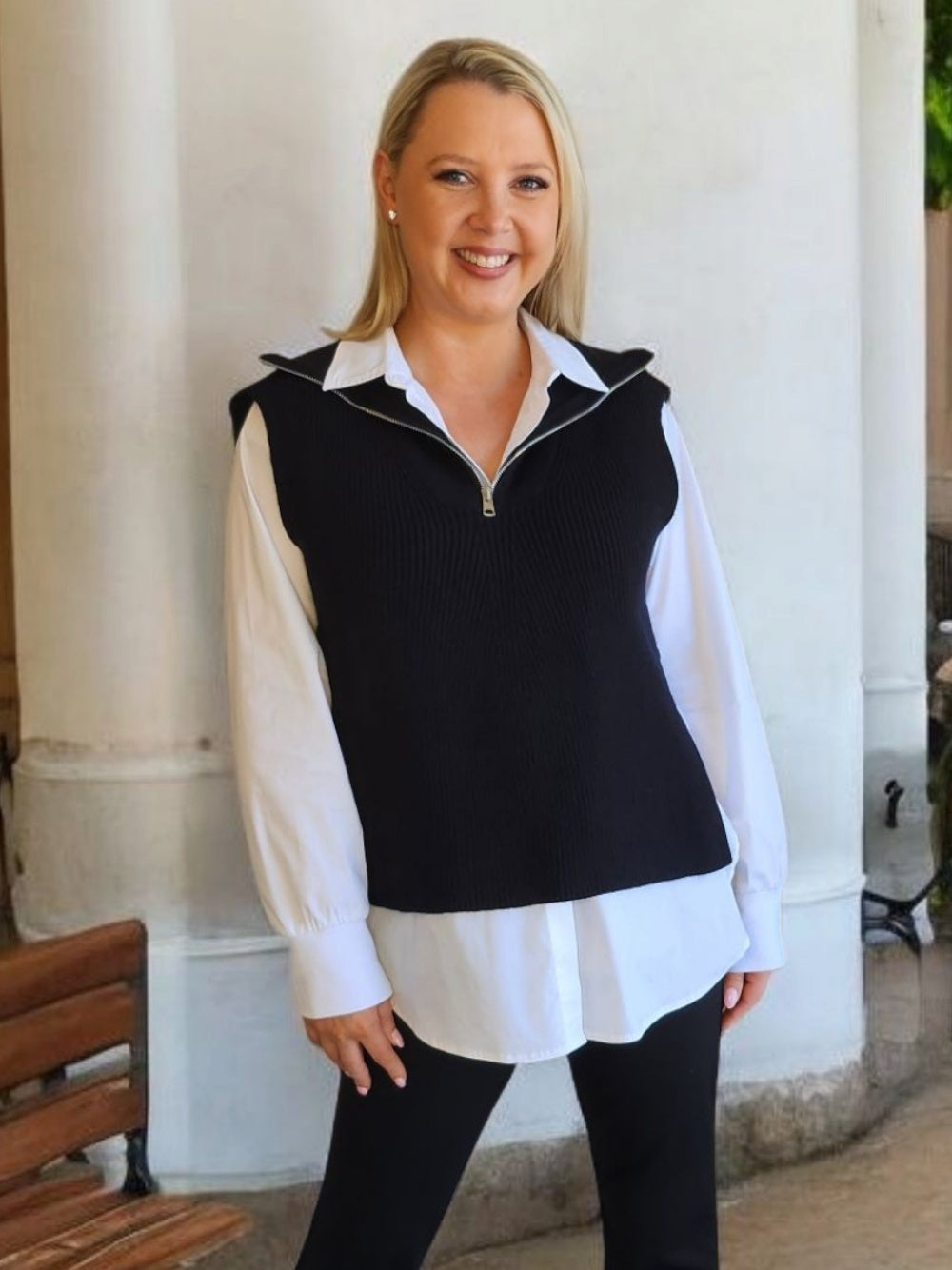 Image of a model wearing Tops. Product name - Tribeca knit Vest Black in Black colour by brand - Threadz