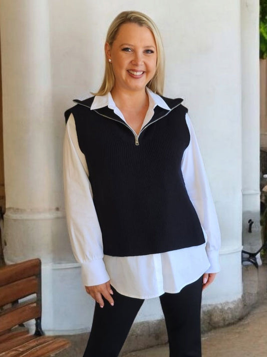 Image of a model wearing Tops. Product name - Tribeca knit Vest Black in Black colour by brand - Threadz