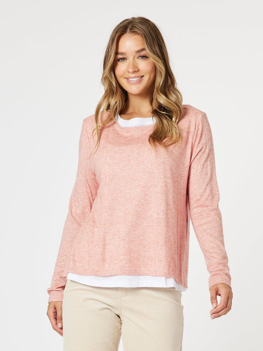 Image of a model wearing Tops. Product name - Alice 2in1 Knit Top Coral in Coral colour by brand - Threadz