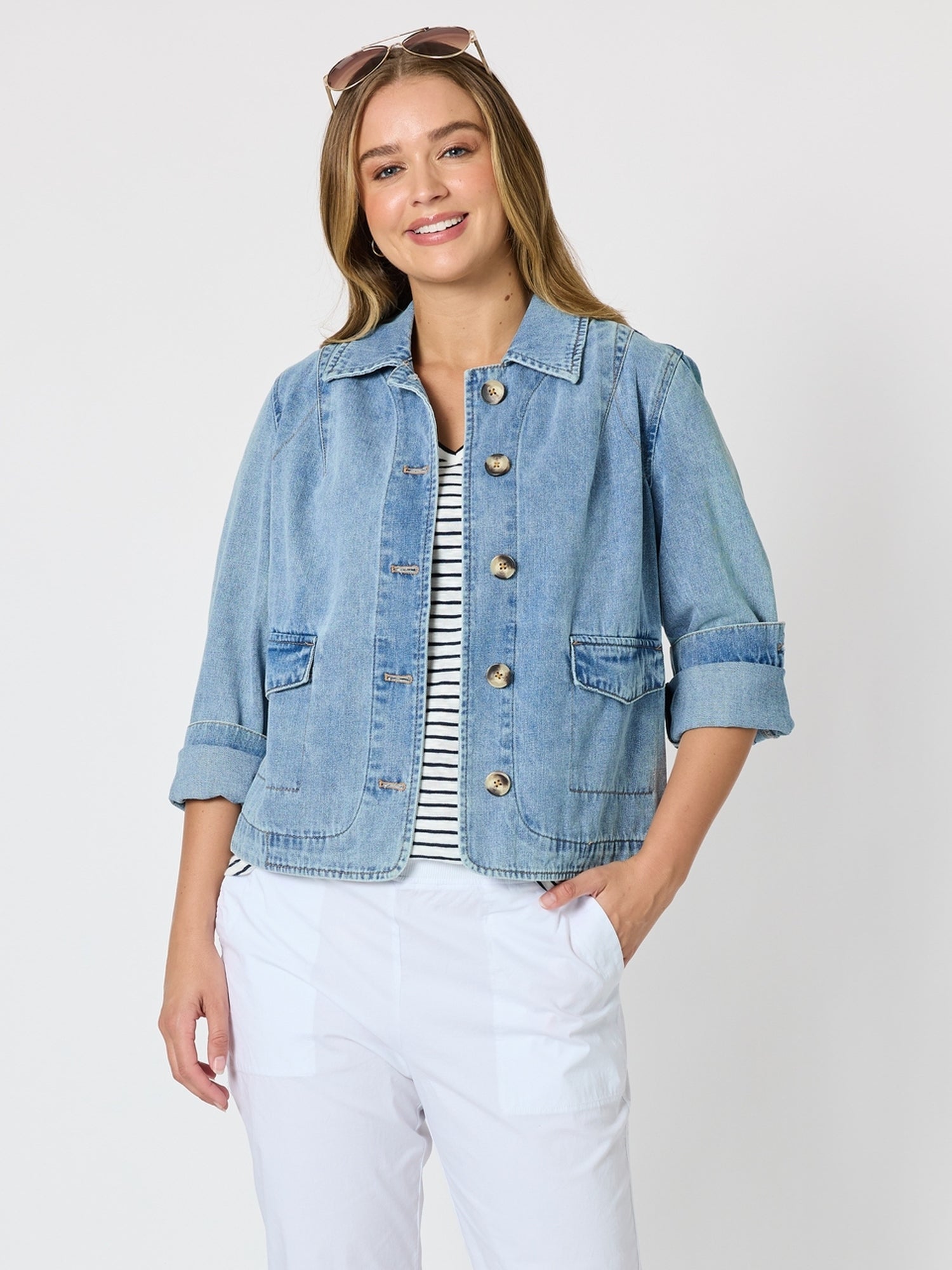 Image of Coats & Jackets. Product name - Boyfriend Denim Jacket Washed Denim in Washed Denim colour by brand - Threadz