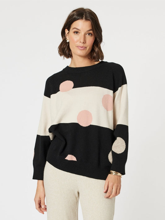 Image of a model wearing Tops. Product name - Moonlight Knit Black/Natural in Black/Natural colour by brand - Clarity