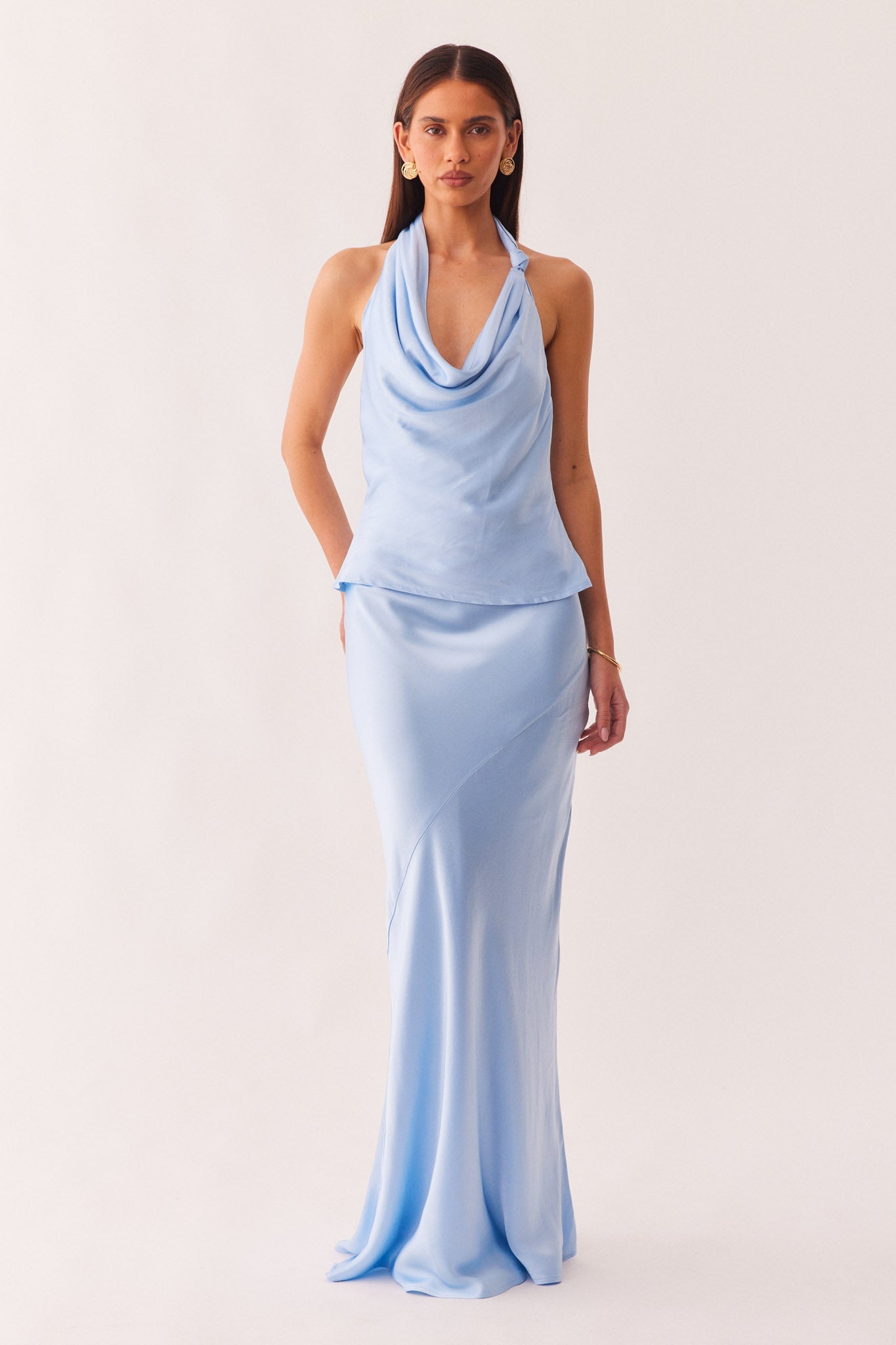 Image of a model wearing Skirts. Productname: SNDYS JUNIE MAXI SKIRT in Baby Blue colour by brand - SNDYS