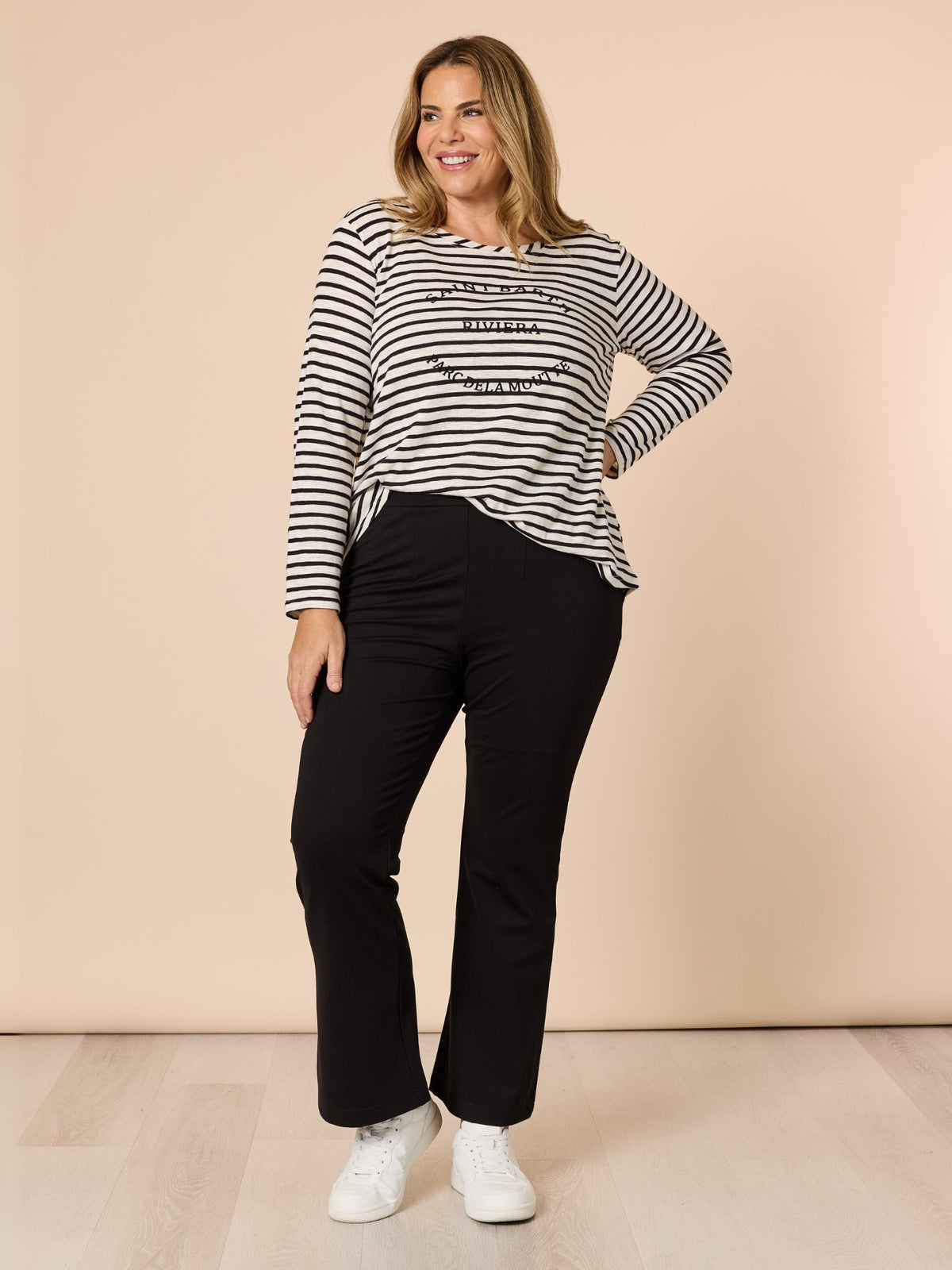 Threadz Riviera Long Sleeve Stripe Print Tee (Black/White)