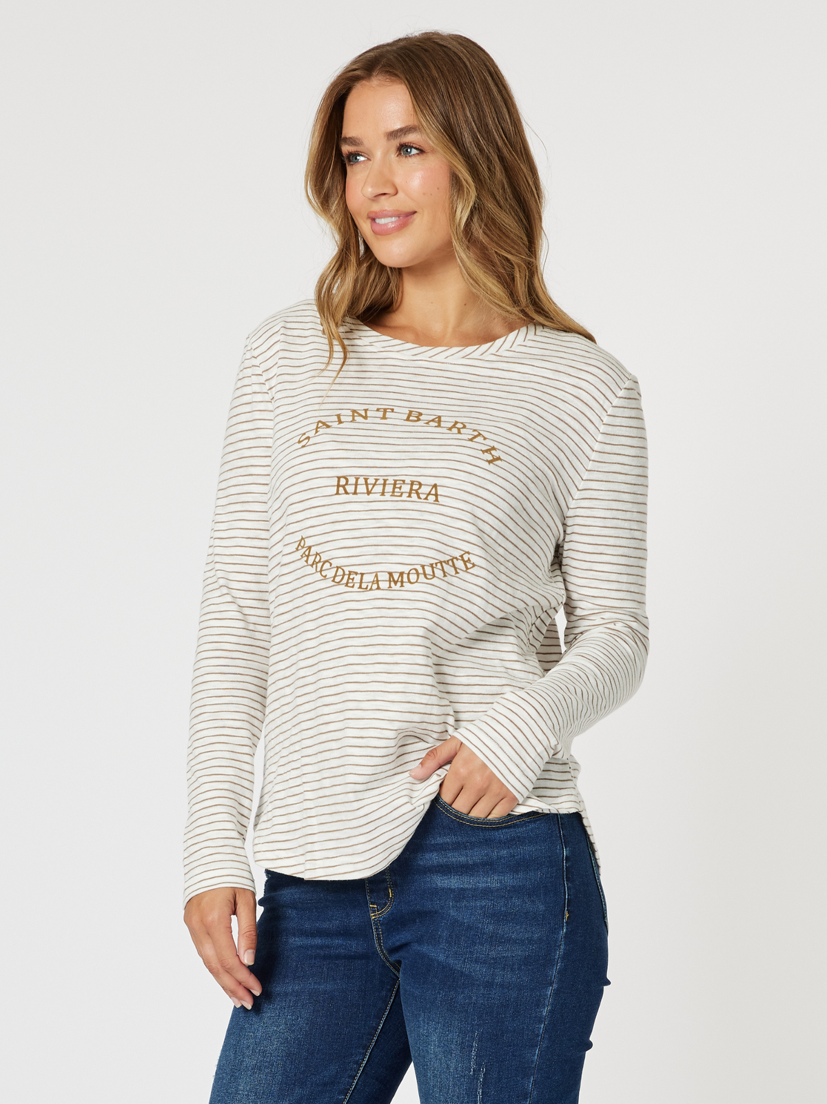 Threadz Riviera Long Sleeve Stripe Print Tee (Natural/White)