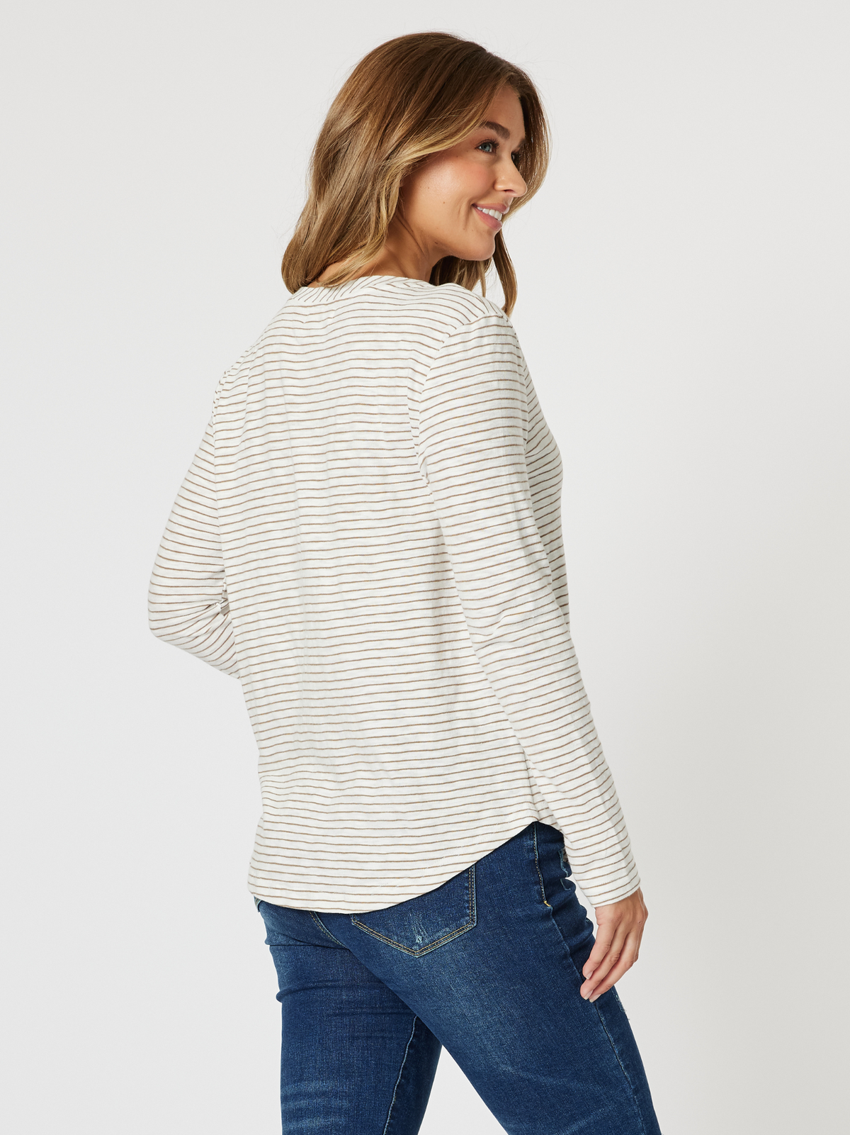 Threadz Riviera Long Sleeve Stripe Print Tee (Natural/White)