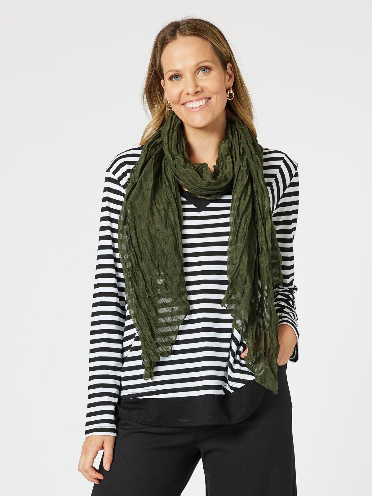 Image of Scarves & Shawls. Product name - Crushed Scarf Khaki in Khaki colour by brand - Clarity