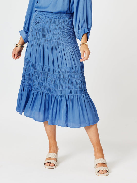 Image of a model wearing Skirts. Product name - Lux Ruche Skirt Pacific Blue in Pacific Blue colour by brand - Hammock & Vine