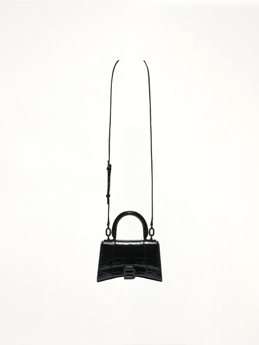 Image of Bags. Productname: BALENCIAGA Hourglass XS Croco Embossed Bag in Black colour by brand - BALENCIAGA