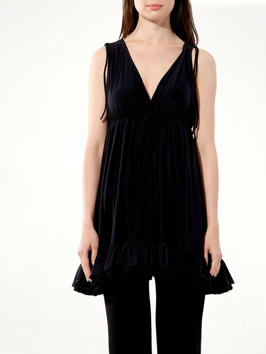 Image of a model wearing Tops. Productname: BALENCIAGA Babydoll Top in BLACK colour by brand - BALENCIAGA
