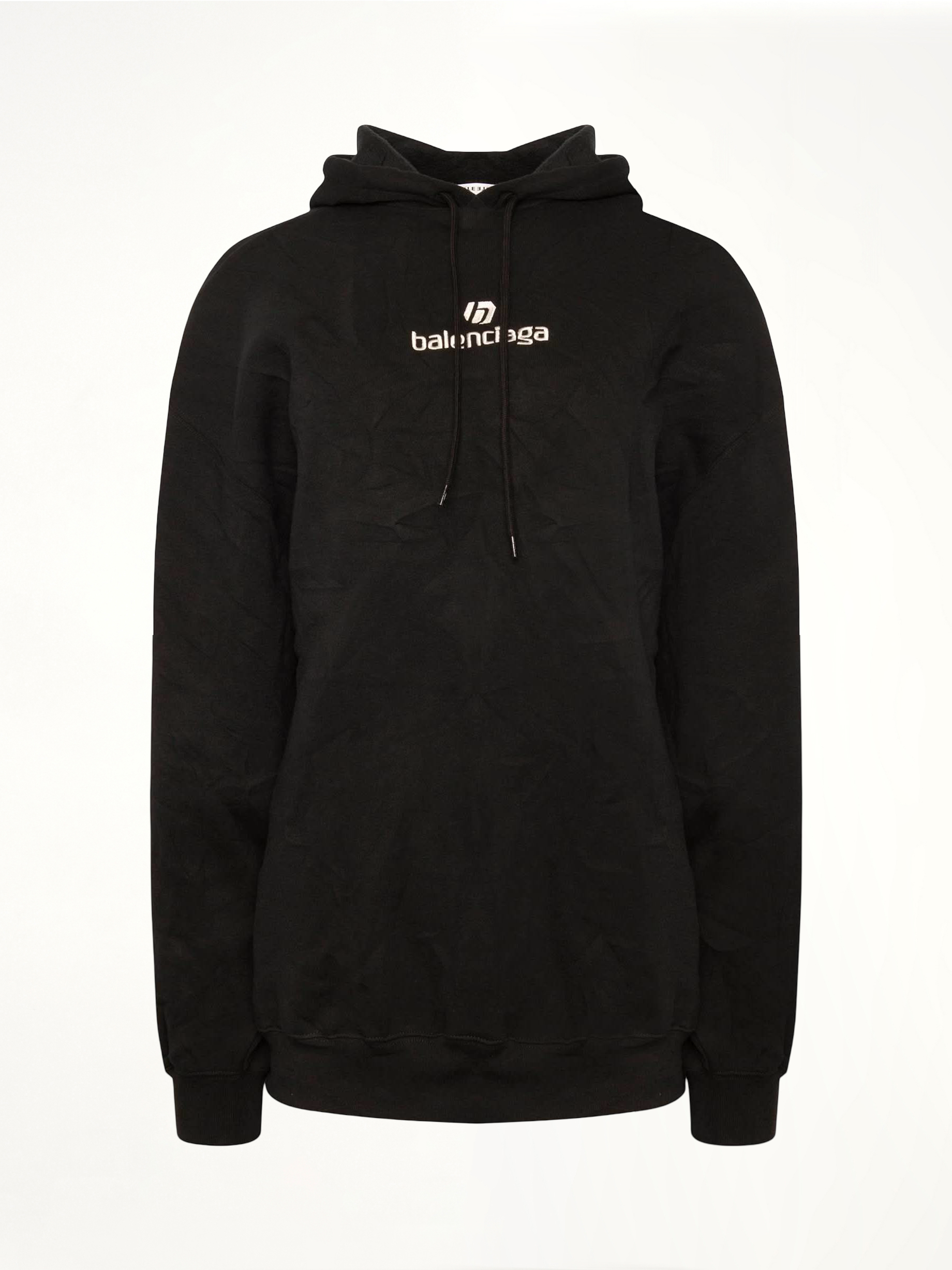 Image of a model wearing Outerwear. Productname: BALENCIAGA Sponsor Logo Hoodie in BLACK colour by brand - BALENCIAGA