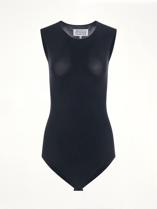 Image of a model wearing Tops. Productname: MAISON MARGIELA Sleeveless Bodysuit in BLACK colour by brand - MAISON MARGIELA