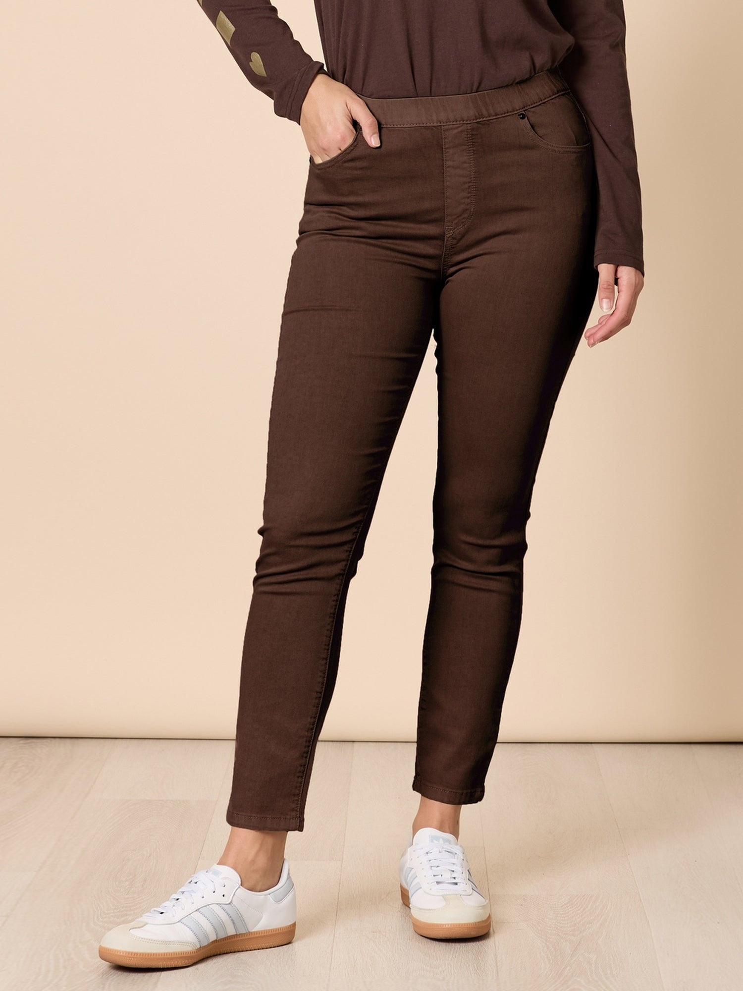 Image of Jeans. Product name - Chicago Slim Leg Jean Chocolate in Chocolate colour by brand - Threadz