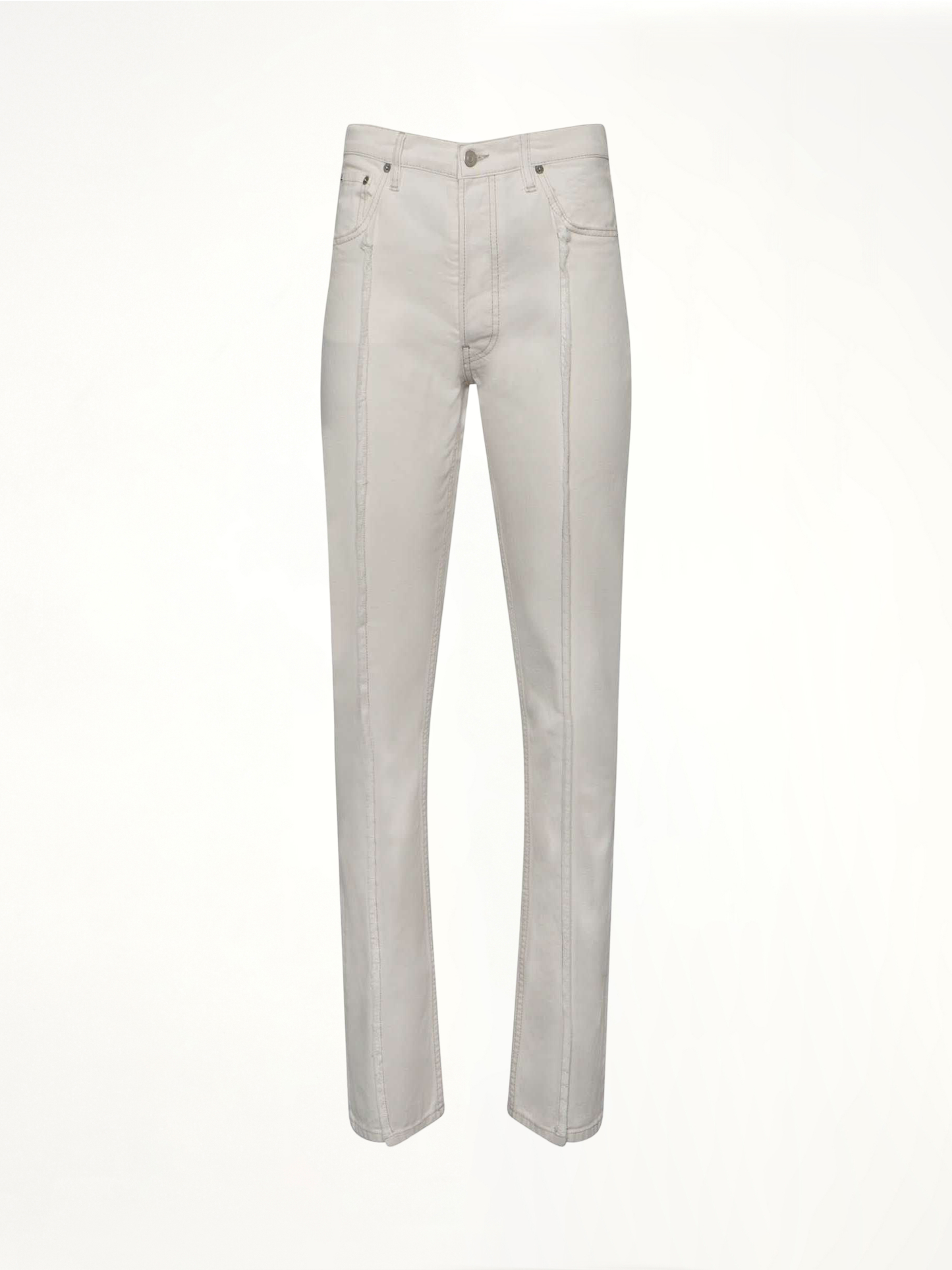 Image of a model wearing Denim. Productname: MAISON MARGIELA Frayed Straight Leg Jeans in WHITE colour by brand - MAISON MARGIELA