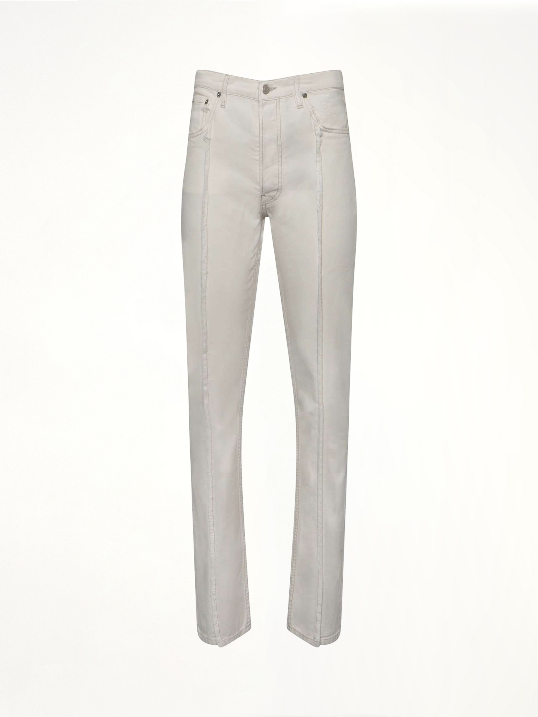 Image of a model wearing Denim. Productname: MAISON MARGIELA Frayed Straight Leg Jeans in WHITE colour by brand - MAISON MARGIELA