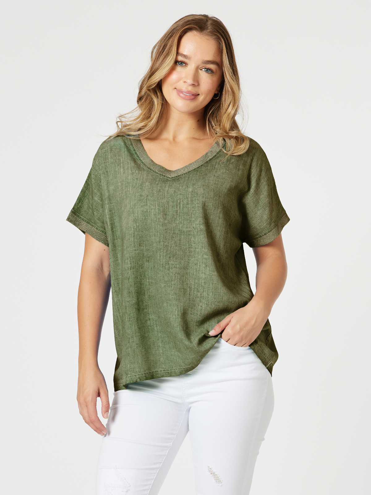 Image of a model wearing Tops. Product name - Sienna Top Olive in Olive colour by brand - Threadz