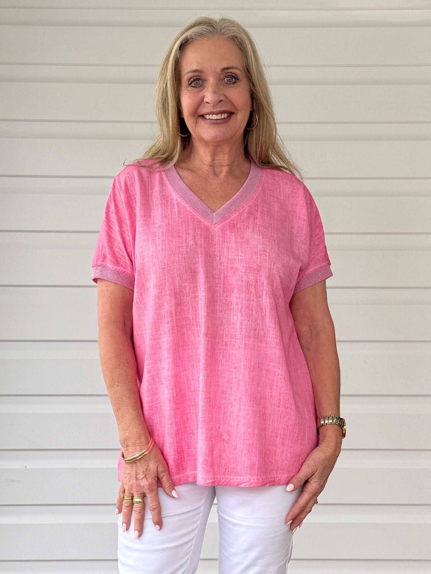 Image of a model wearing Tops. Product name - Sienna Top Rose in Rose colour by brand - Threadz