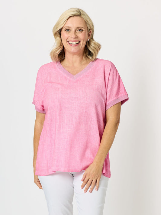Image of a model wearing Tops. Product name - Sienna Top Rose in Rose colour by brand - Threadz