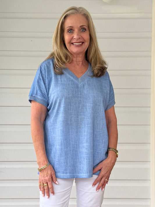 Image of a model wearing Tops. Product name - Sienna Top Sky Blue in Sky Blue colour by brand - Threadz