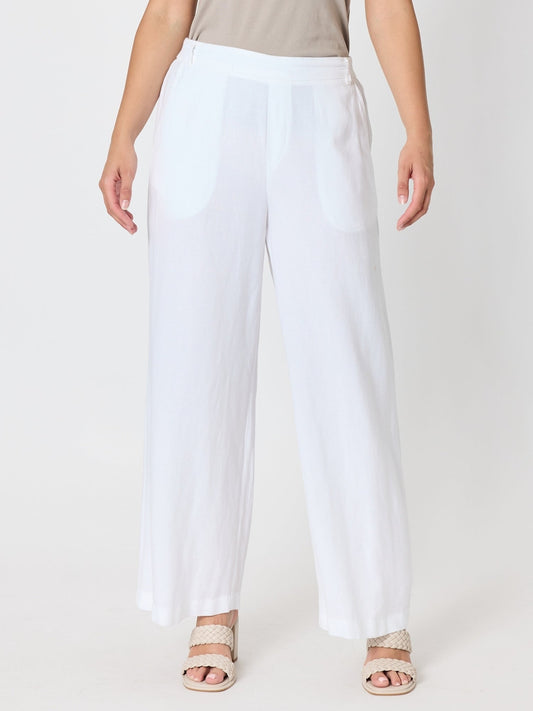 Image of a model wearing Pants. Product name - Lino Wide Leg Pant White in White colour by brand - Gordon Smith