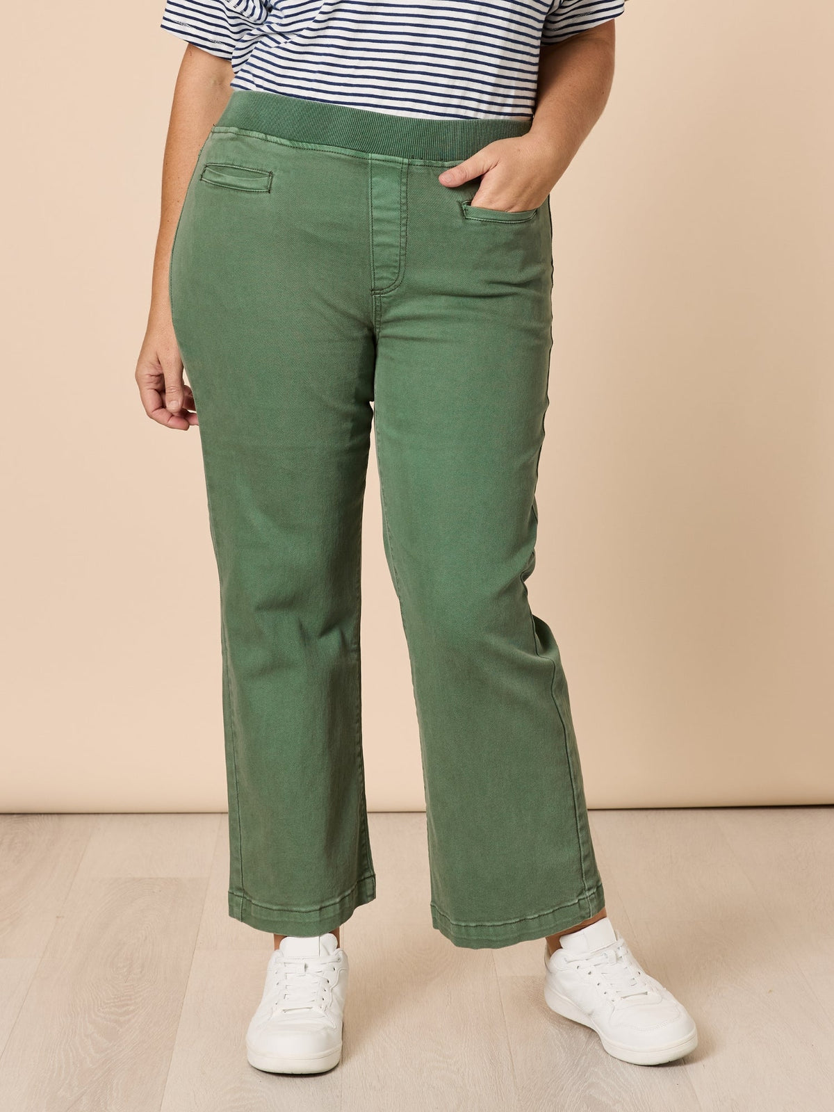 Image of Jeans. Product name - Maddy Pull on Wide Leg Jean Khaki in Khaki colour by brand - Threadz