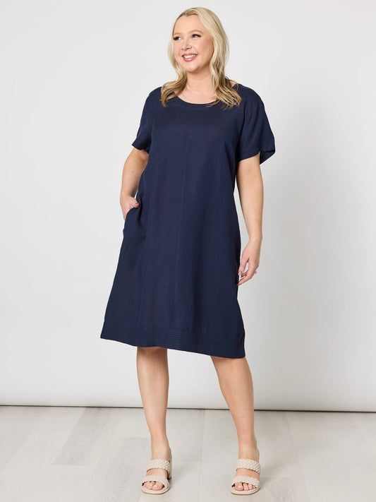 Image of Dresses. Product name - Lino Stitch Hem Detail Shift Dress Navy in Navy colour by brand - Gordon Smith