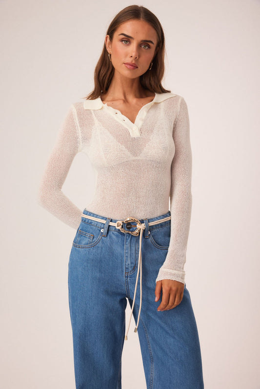 Image of a model wearing Tops. Productname: SNDYS NOVA TOP in Off White colour by brand - SNDYS