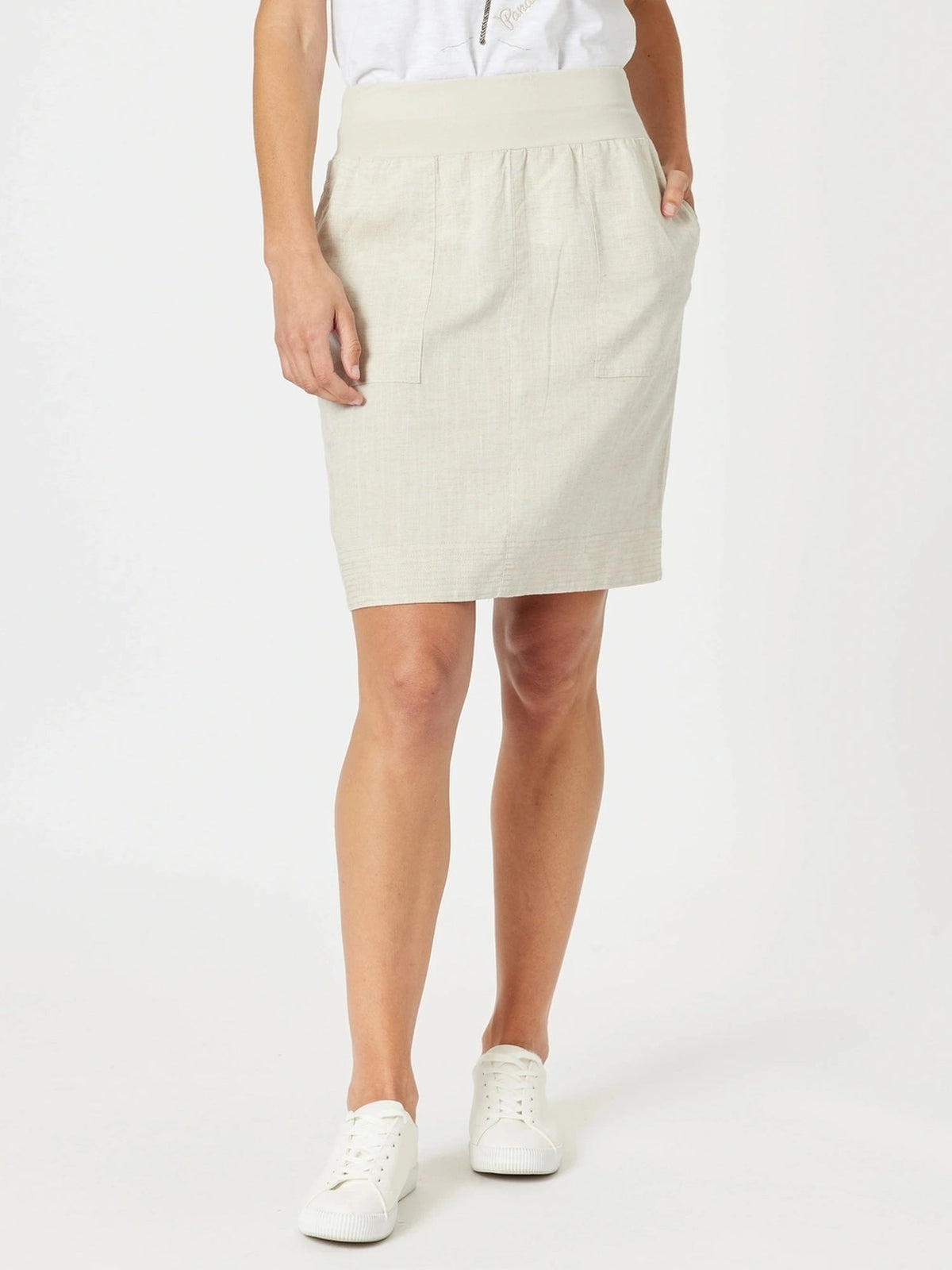 Image of a model wearing Skirts. Product name - Lino Stitch Hem Detail Skirt Natural in Natural colour by brand - Gordon Smith