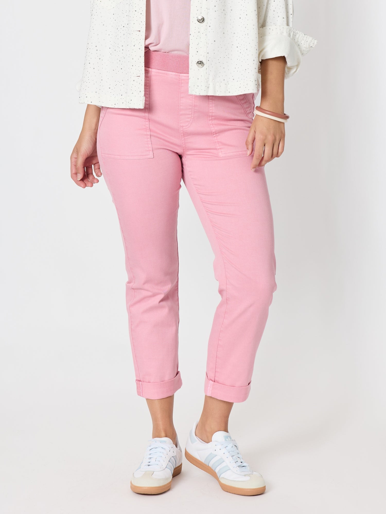 Image of a model wearing Pants. Product name - New Isabella Pant Musk in Musk colour by brand - Threadz