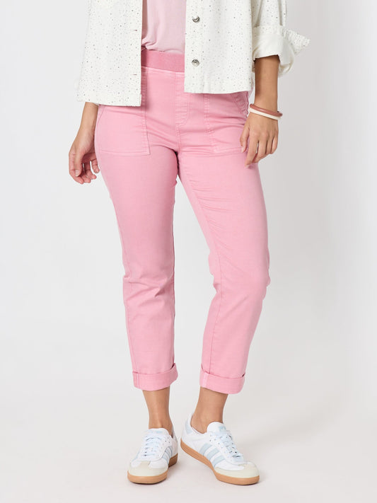 Image of a model wearing Pants. Product name - New Isabella Pant Musk in Musk colour by brand - Threadz