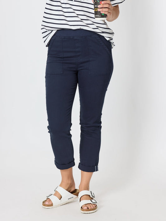 Image of a model wearing Pants. Product name - New Isabella Pant Navy in Navy colour by brand - Threadz