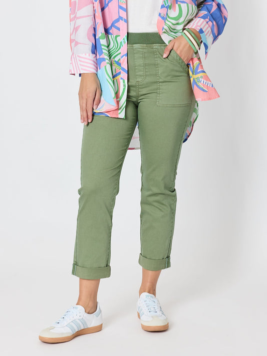Image of a model wearing Pants. Product name - New Isabella Pant Olive in Olive colour by brand - Threadz