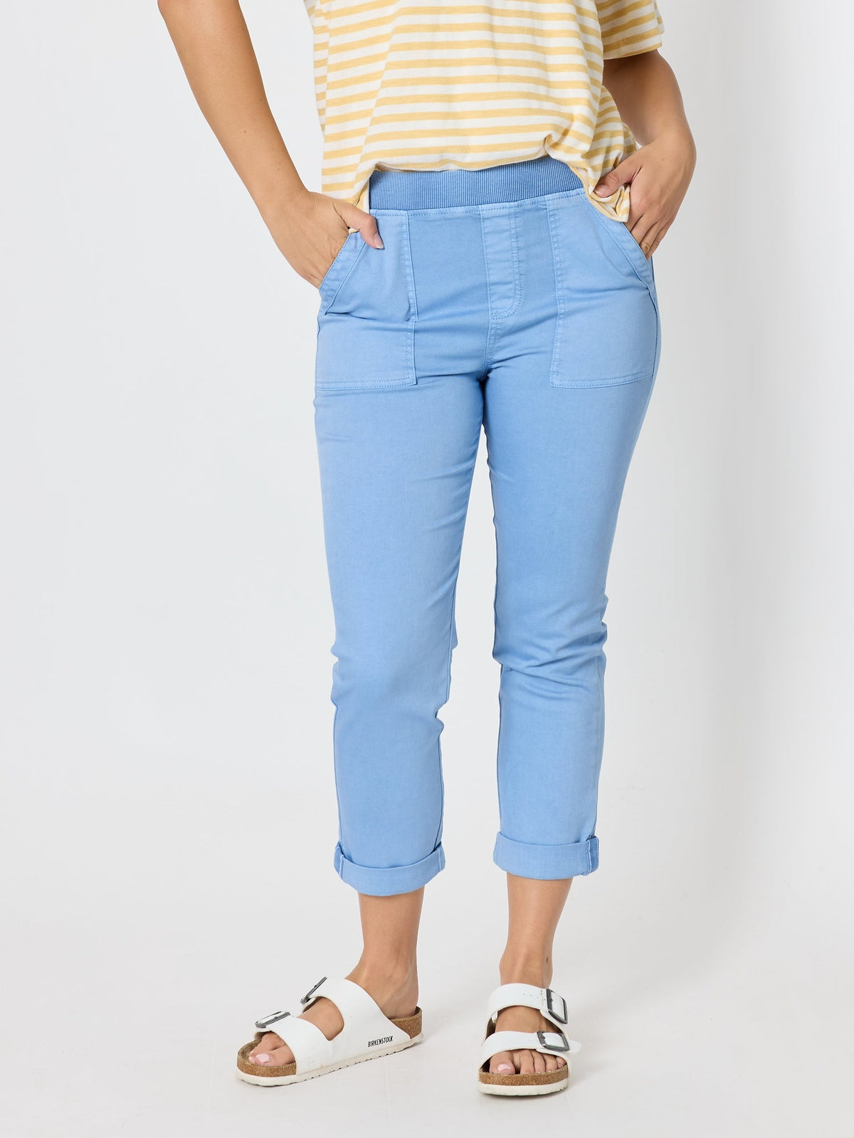 Image of a model wearing Pants. Product name - New Isabella Pant Blue in Blue colour by brand - Threadz