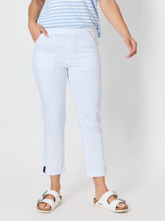 Image of a model wearing Pants. Product name - New Isabella Pant White in White colour by brand - Threadz