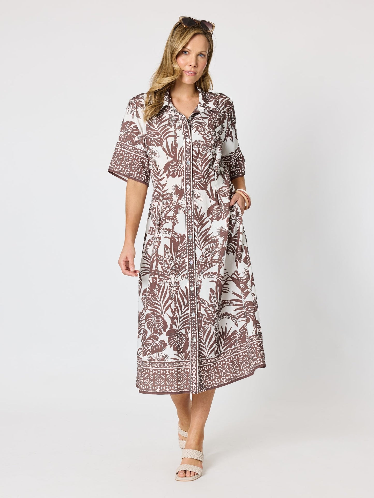Image of Dresses. Product name - Palm Cove Shirt Dress Espresso White in Espresso White colour by brand - Hammock & Vine