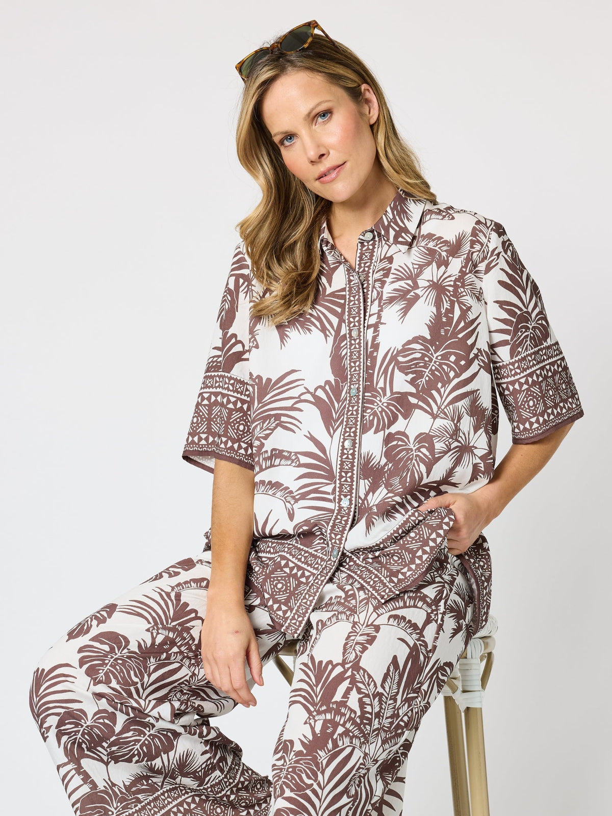 Image of Shirts. Product name - Palm Cove Print Shirt Espresso White in Espresso White colour by brand - Hammock & Vine