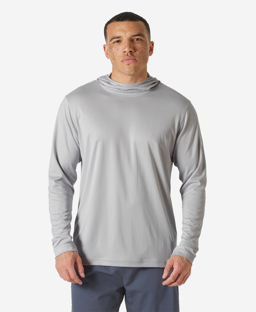 Image of a model wearing Outerwear. Product name - HH TECH HOODIE, Grey Fog in Grey Fog colour by brand - Helly Hansen