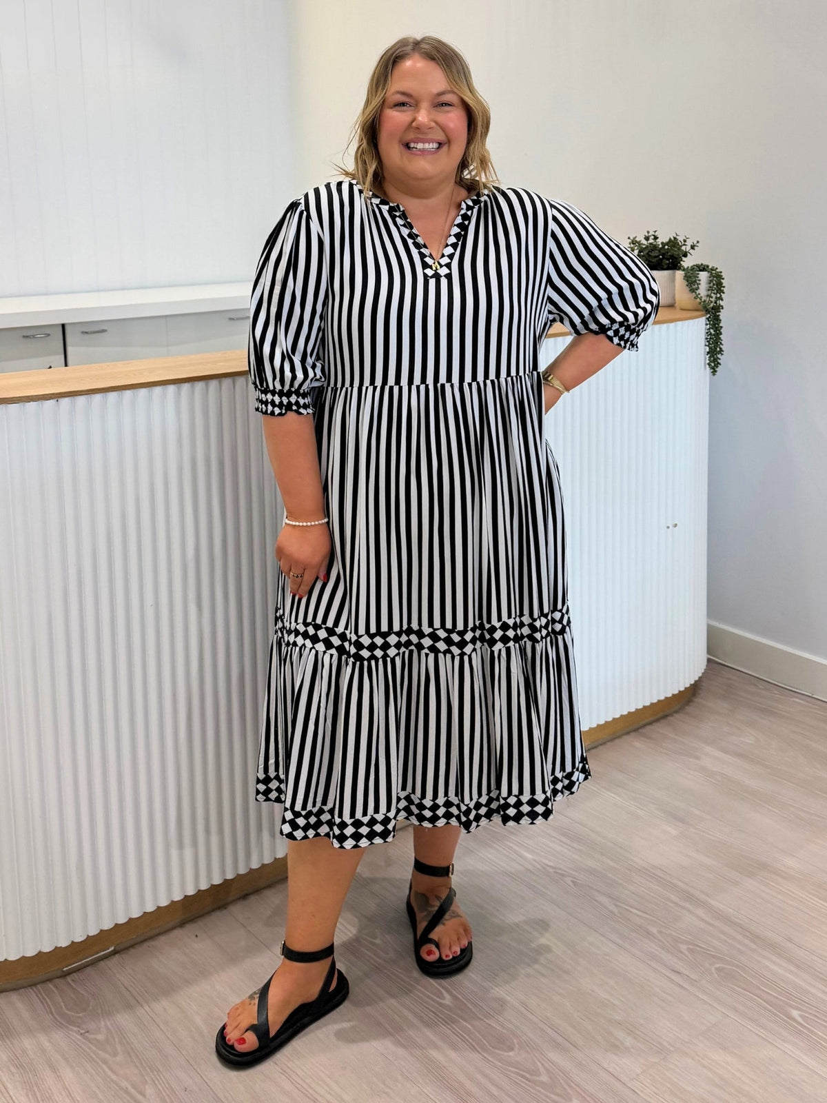 Image of Dresses. Product name - Harlequin Stripe Tier Dress Black/White in Black/White colour by brand - Threadz